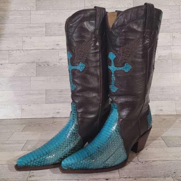 Rogers Boots Turquoise Cobra Snakeskin Brown Leather Rodeo Cowboy Boots Size 7 - Picture 2 of 9
